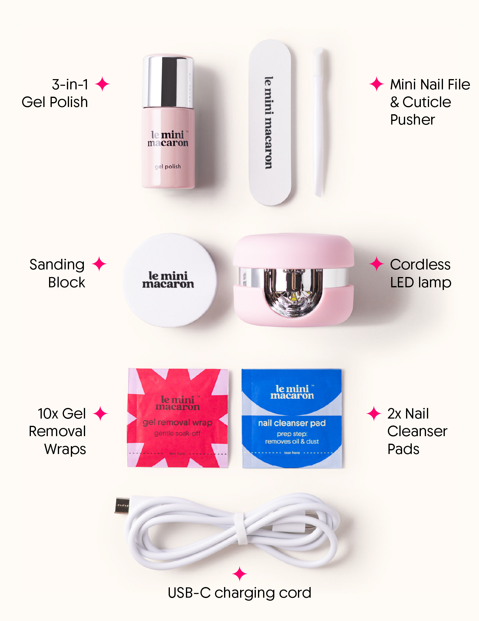 Blush cordless gel manicure starter kit with burgundy gel polish, mini nail file, cuticle pusher, remover wraps, cleanser pads and cordless LED lamp