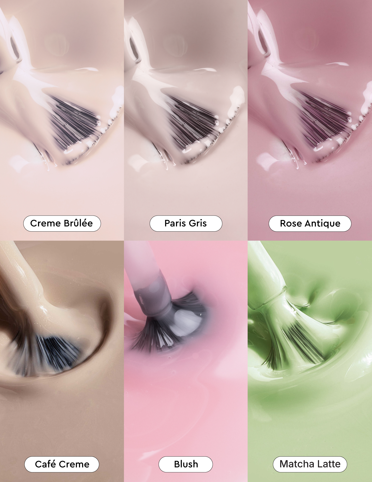 Close-up swatches of glossy gel polish textures on brushes for the Crisp Morning collection.