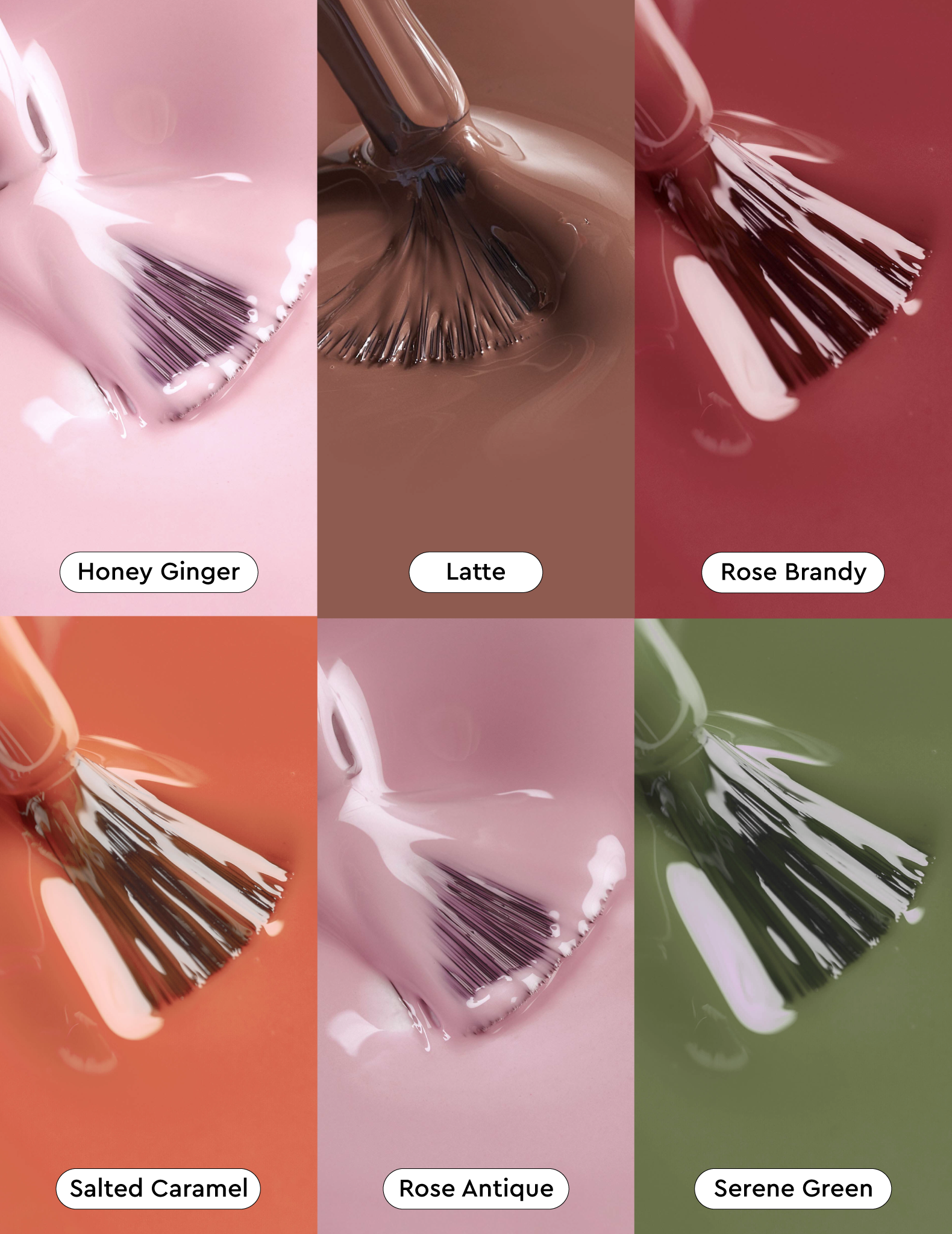 Close-up swatches of creamy gel polish textures on brushes for the Toasted Fall collection.