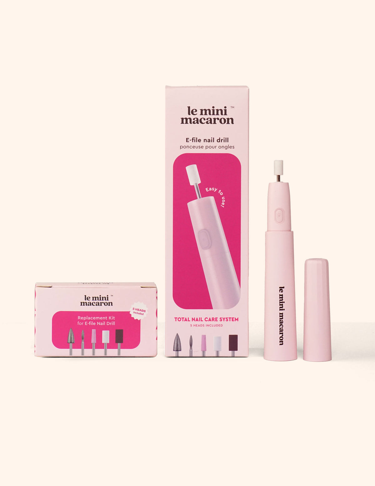 Le Mini Macaron E-file Nail Drill and Replacement Kit displayed alongside its branded product packaging box.