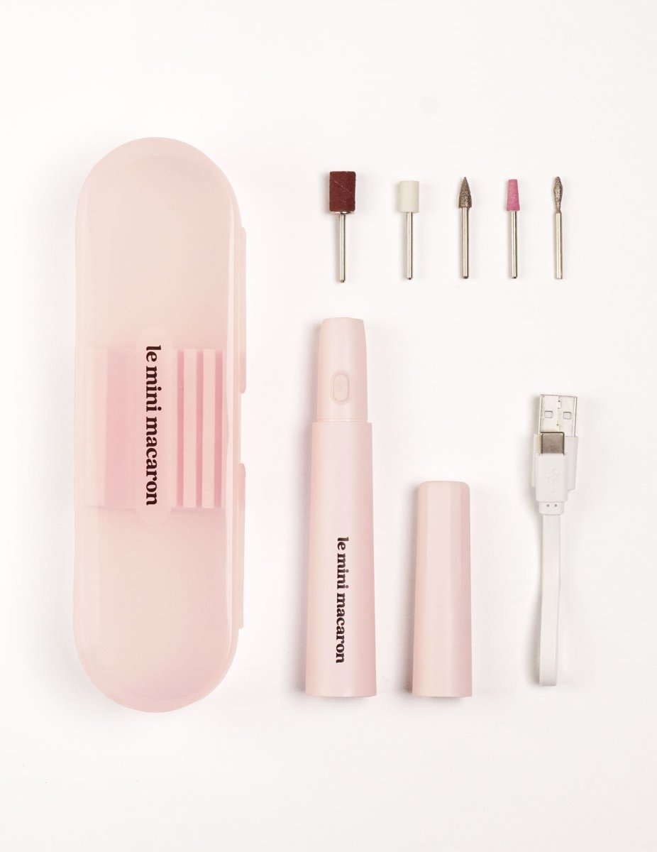 Complete Le Mini Macaron E-file Nail Drill set featuring the electric drill body, USB charging cable, drill bits, and box.
