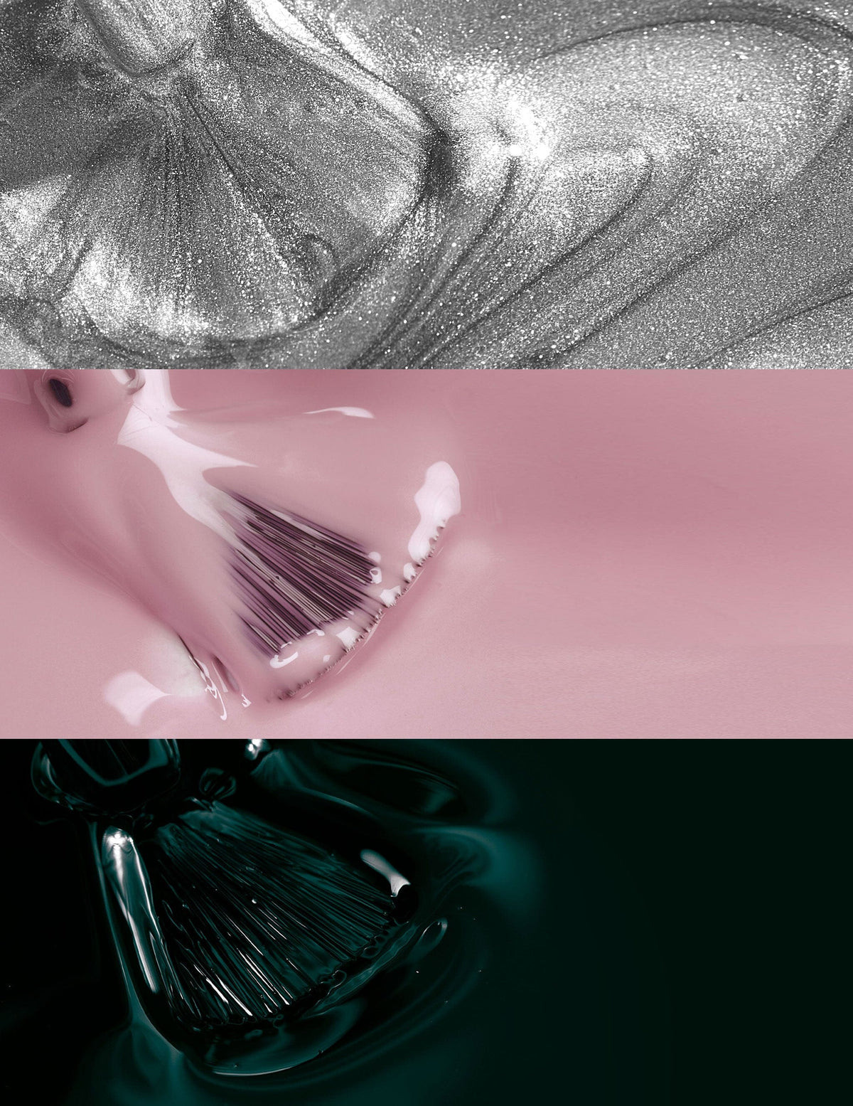 Glossy liquid texture smears of silver, pink, and dark green Le Mini Macaron gel polishes, with applicator brushes resting inside the colors.