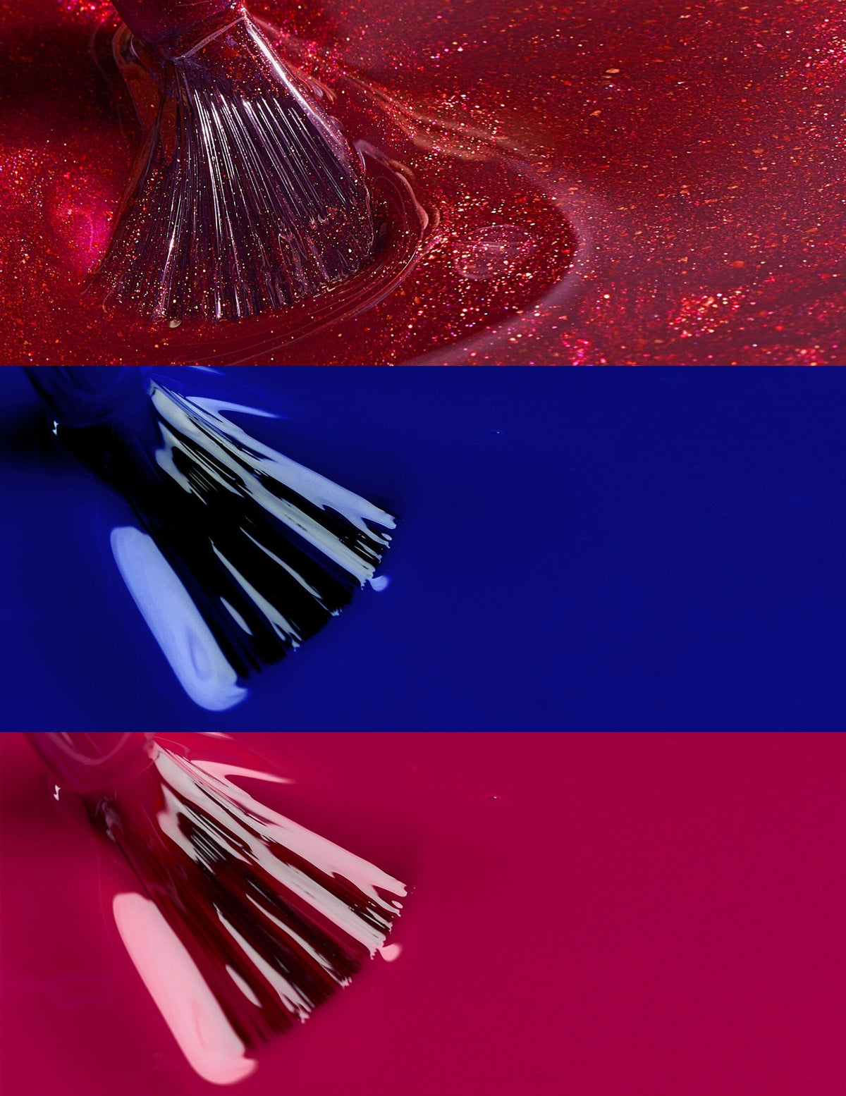 Glossy liquid texture smears of lucky red, blue, and magenta Le Mini Macaron gel polishes, with applicator brushes resting inside the colors.