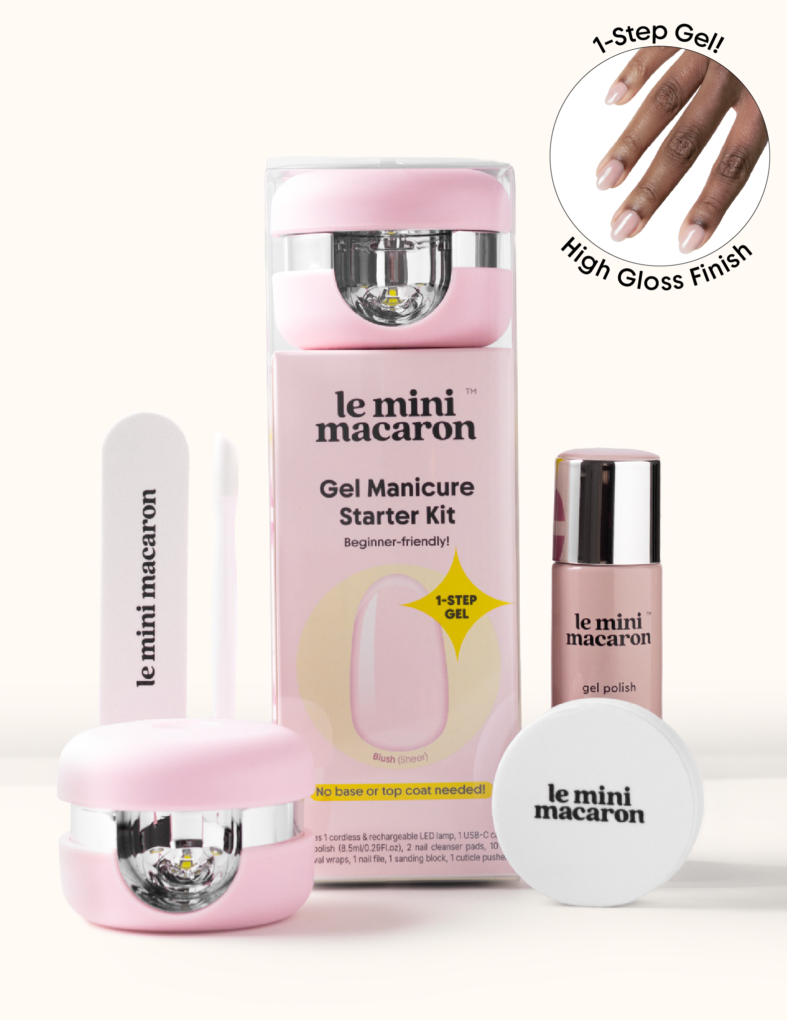 Blush Cordless Mini Kit by Le Mini Macaron with Led lamp, nail file, cuticle pusher and sanding block all in Blush tone.