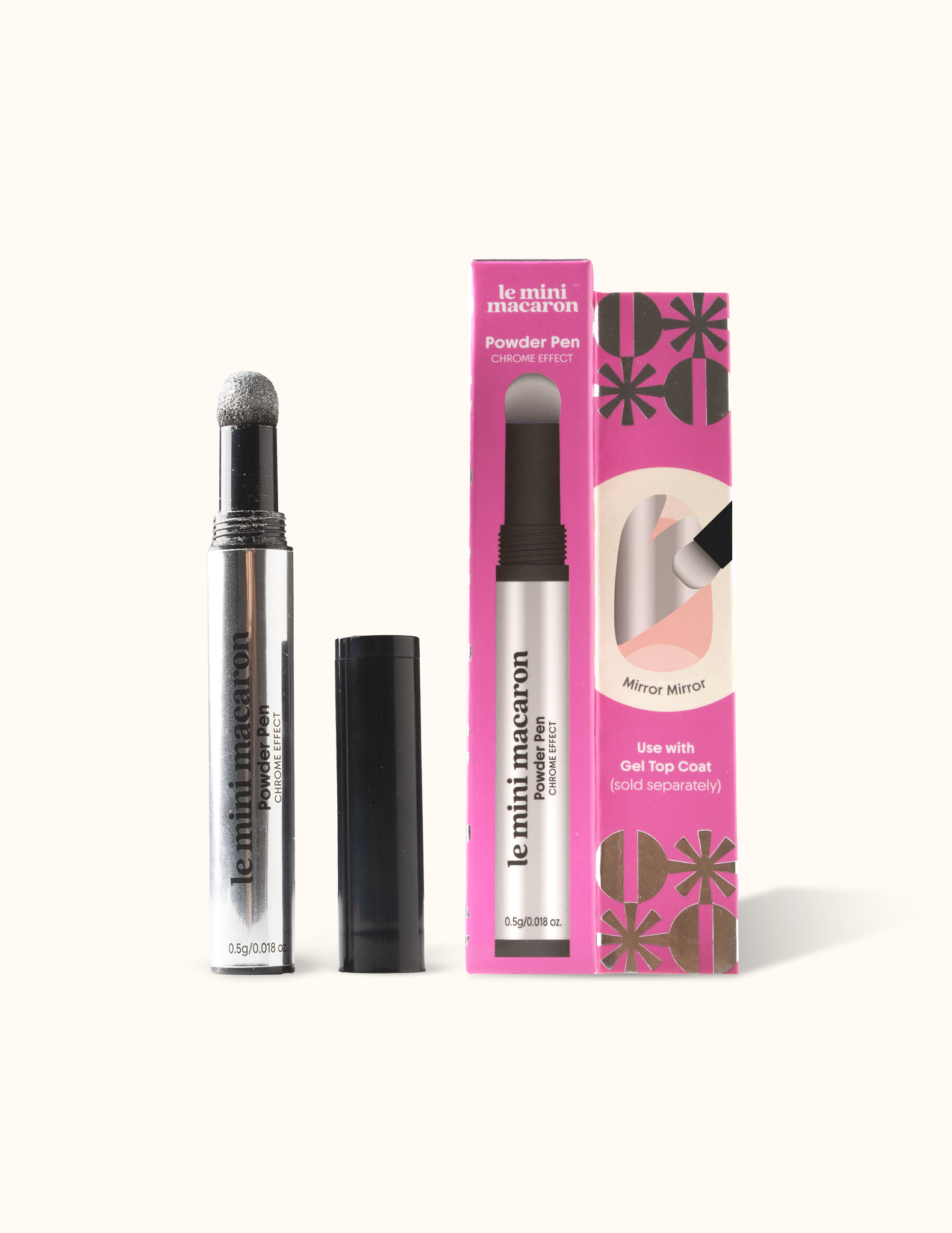 Le Mini Macaron Mirror Mirror chrome powder pen with packaging box.