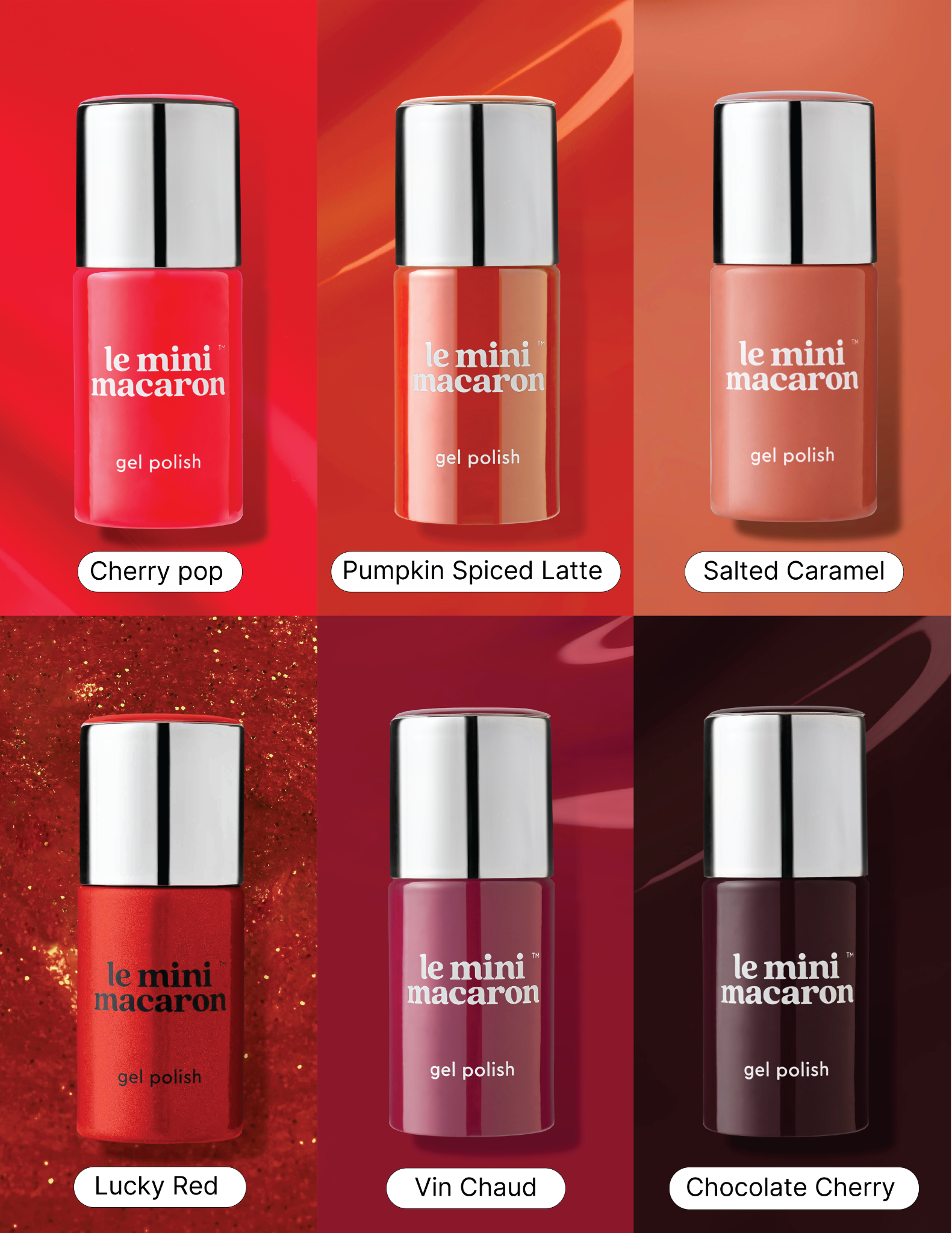 Main Character Reds bundle featuring six gel polish shades by Le Mini Macaron