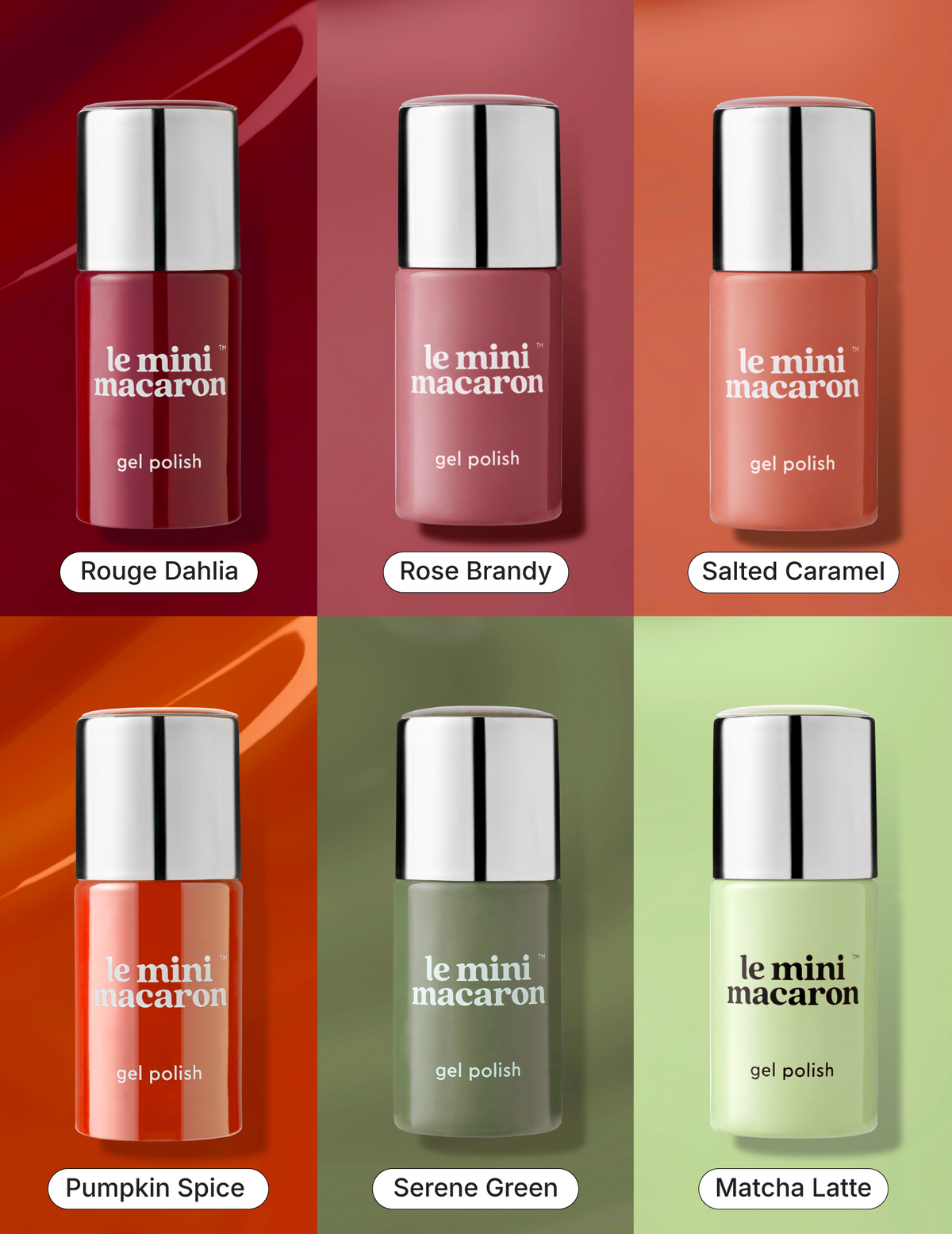 Le Mini Macaron 1-step gel nail polish bottle collection in red, warm brown, and green shades.