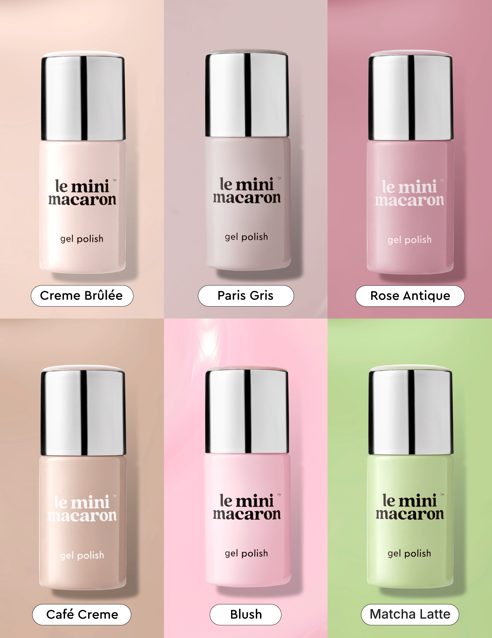 Crisp Morning 1-step gel nail polish bottle set featuring neutral, soft pink, grey, and green shades by Le Mini Macaron.