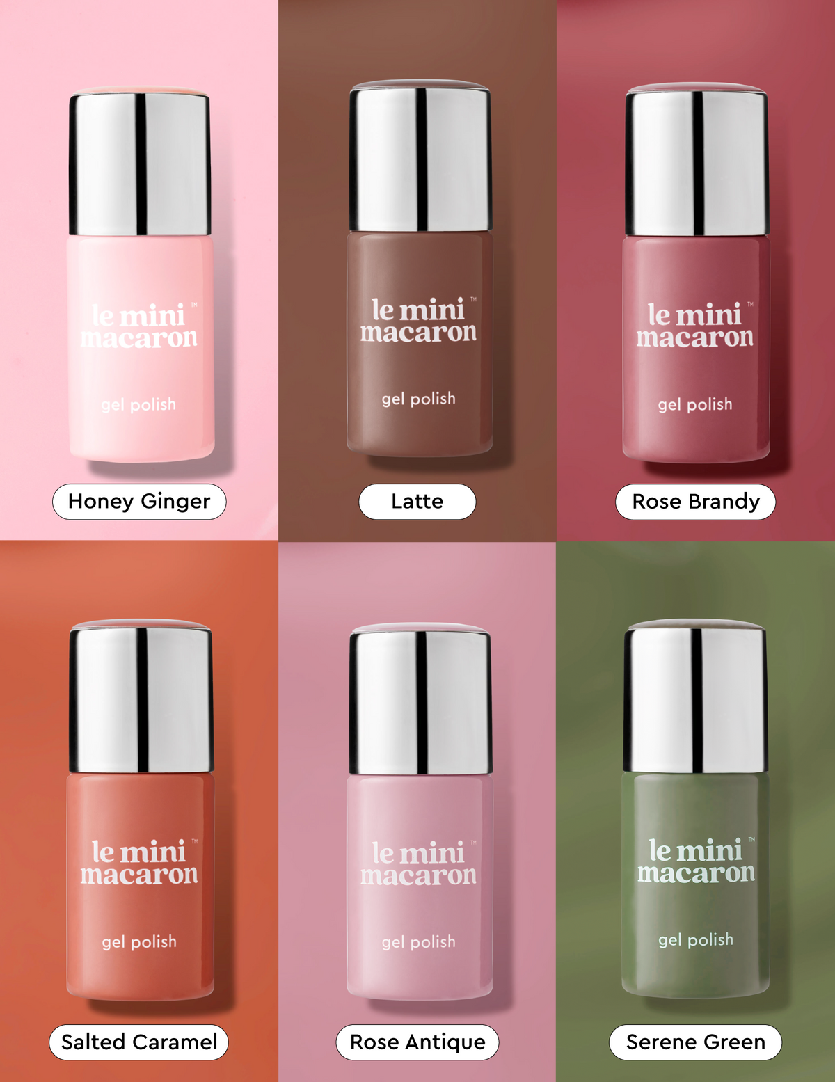 Toasted Fall 1-step gel nail polish bundle set featuring warm earth, nude, and muted green shades by Le Mini Macaron.