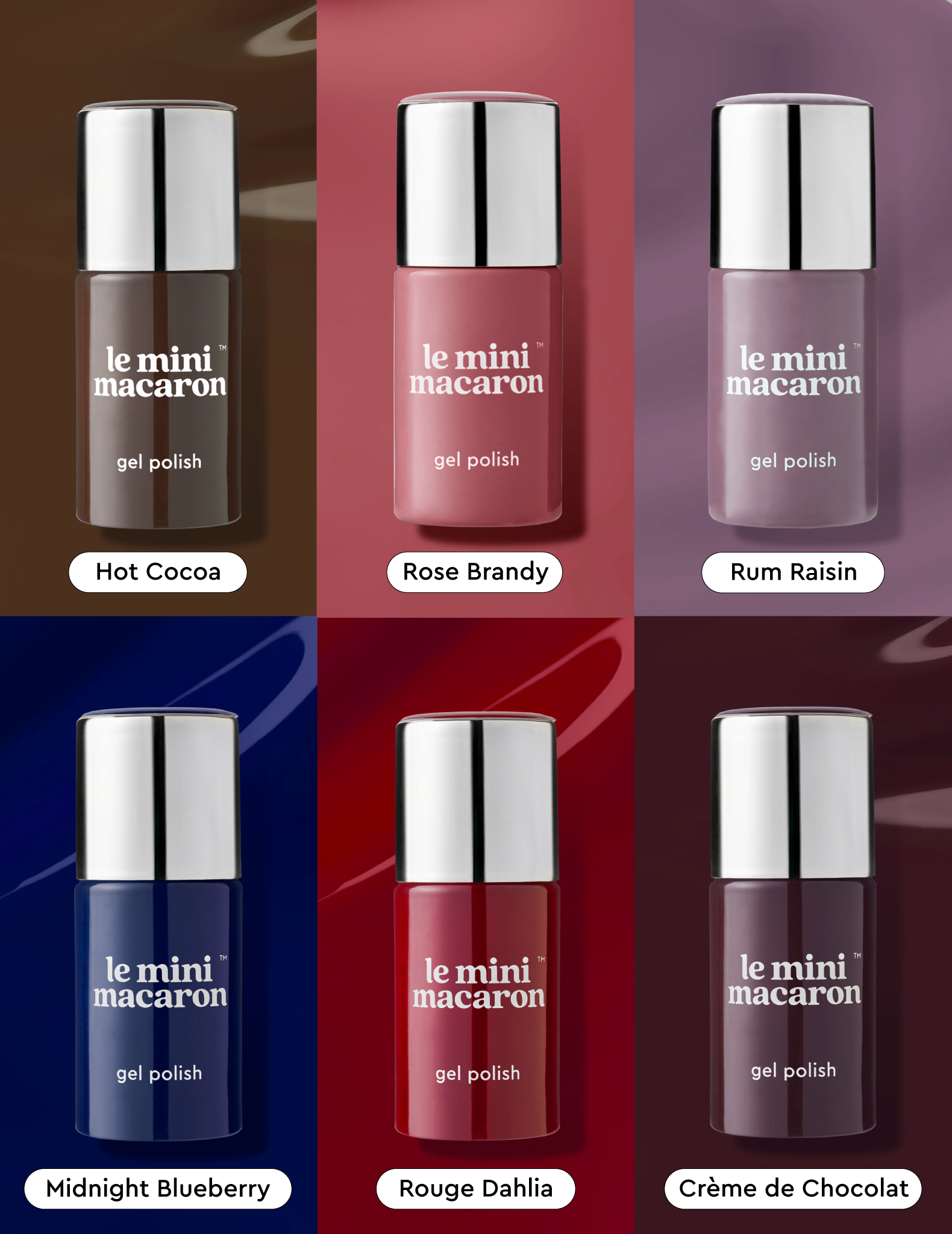 Dark Roast 1-step gel nail polish bundle set featuring deep brown, berry, navy blue, and rich red shades by Le Mini Macaron.