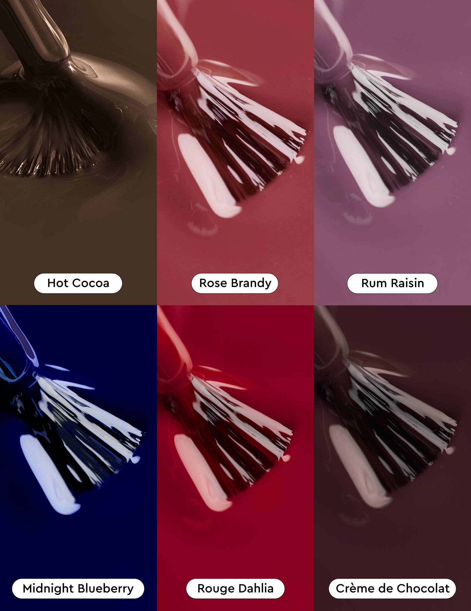 Close-up swatches of glossy, deeply pigmented gel polish textures on brushes for the Dark Roast collection.