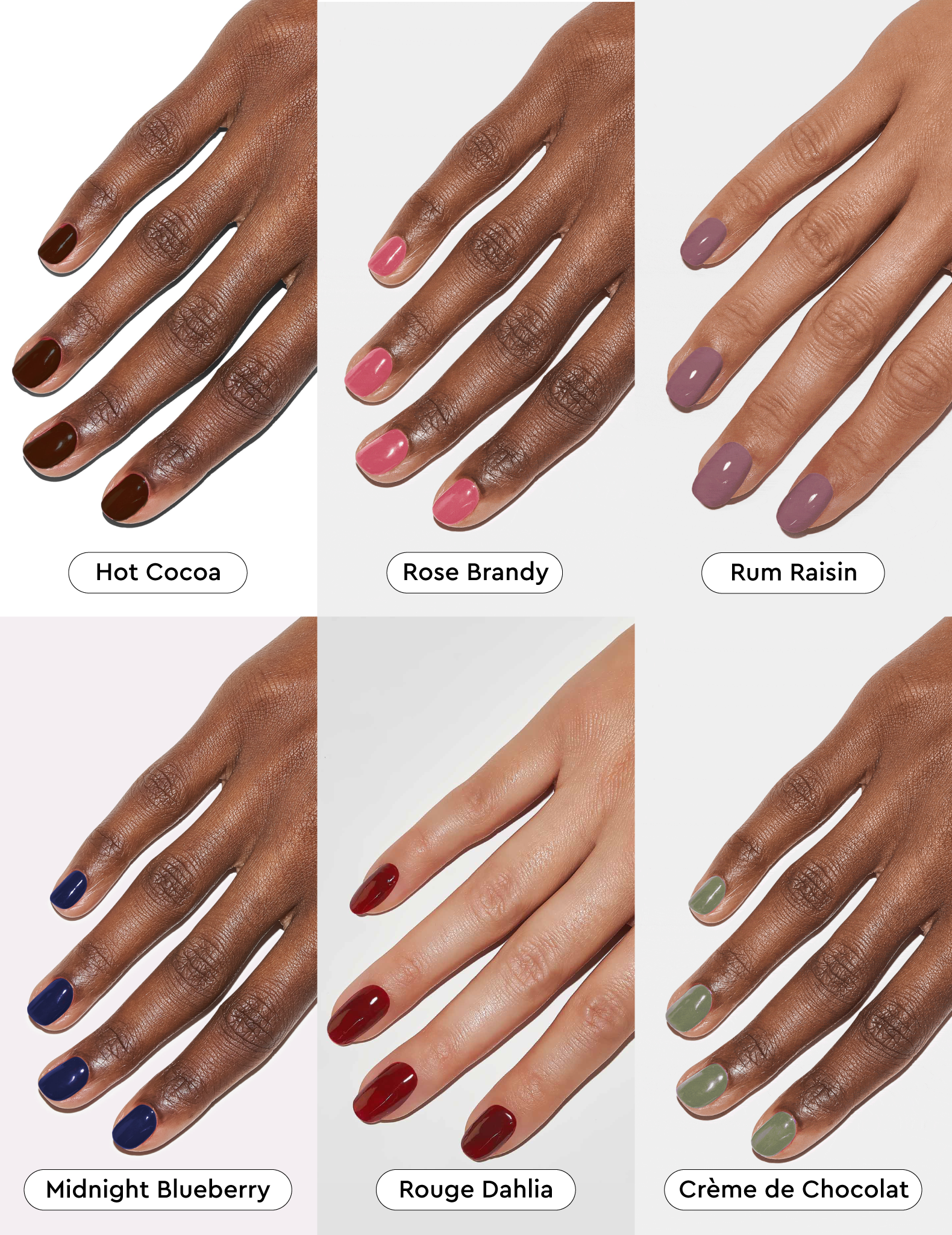 Finished deep tone multi-color gel manicure using the Le Mini Macaron Dark Roast bundle.