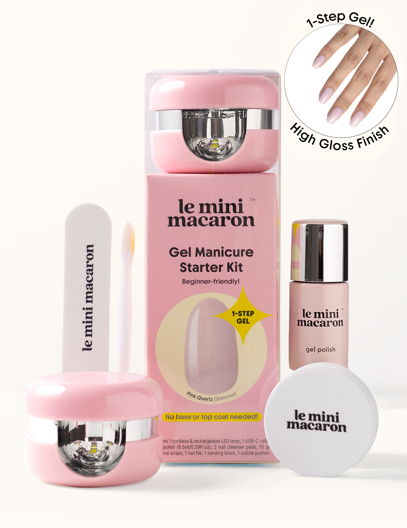 Pink Quartz Cordless Mini Kit by Le Mini Macaron with Led lamp, nail file, cuticle pusher and sanding block all in Blush tone.