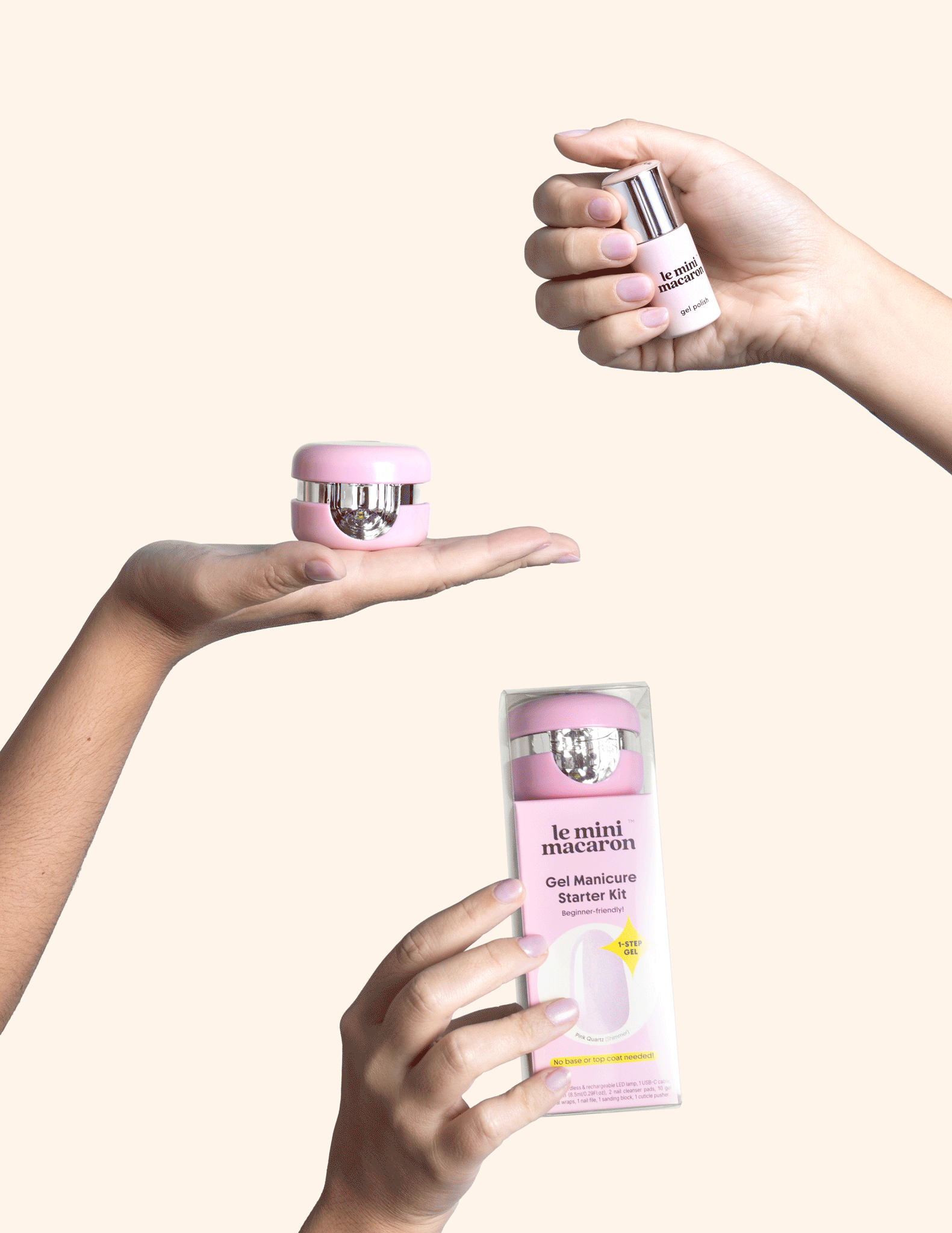 GIF of hands showing up the Pink Quartz Cordless Gel Manicure Kit, another with the gel polish and last one switching on the mini lamp.