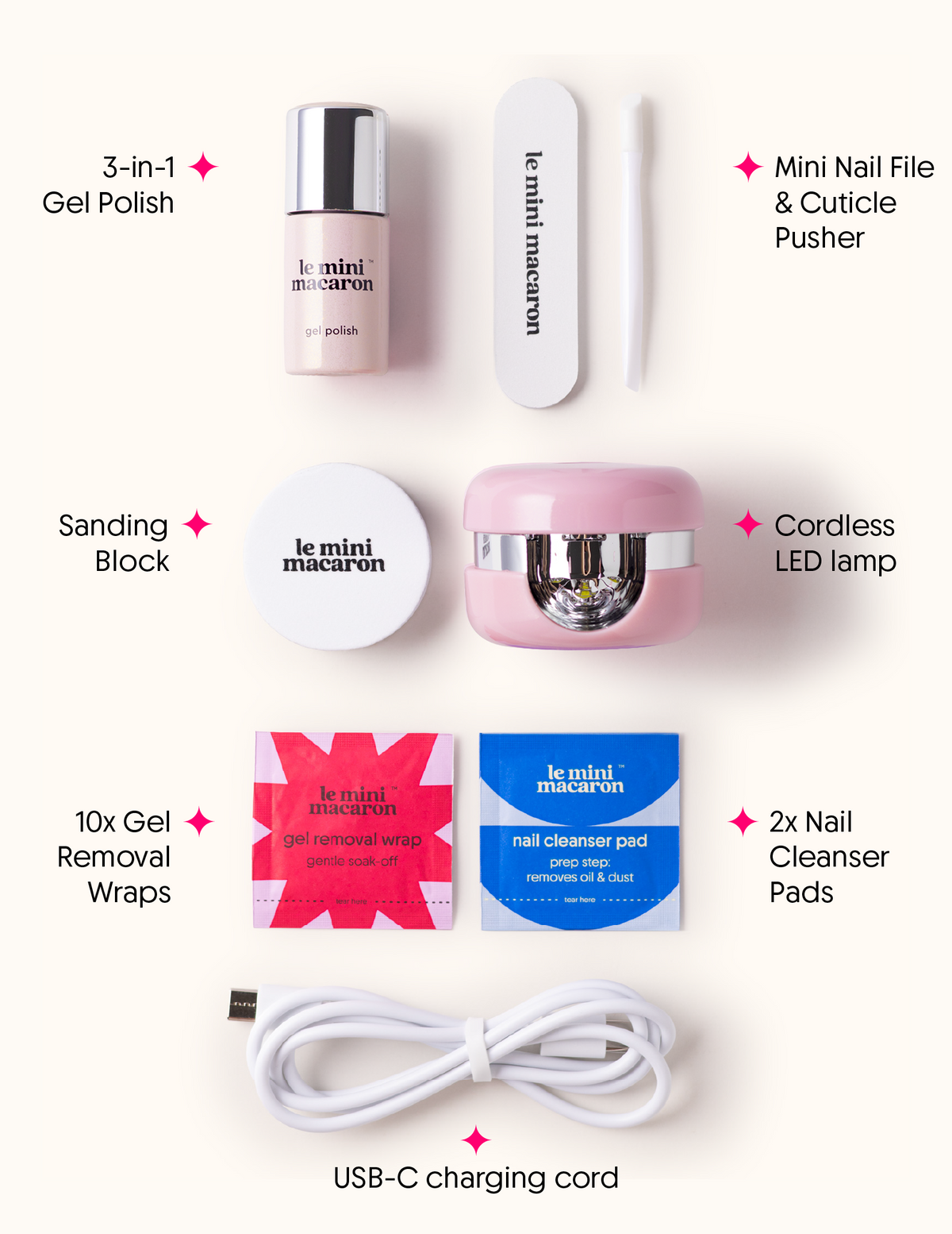 Pink Quartz Cordless Mini Kit by Le Mini Macaron with Led lamp, nail file, cuticle pusher and sanding block all in Blush tone.