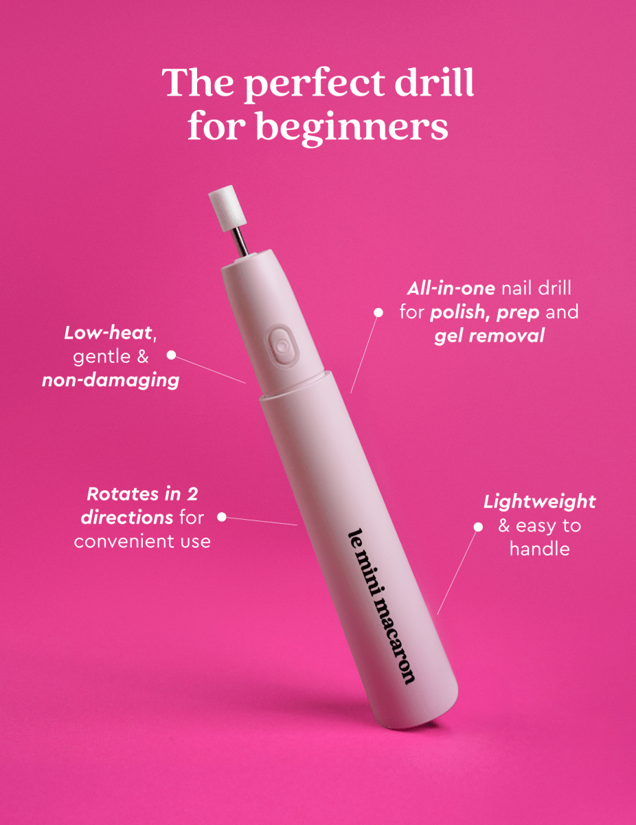 Le Mini Macaron E-file Nail Drill surrounded by benefit callouts highlighting speed control, ergonomic design, and key features.