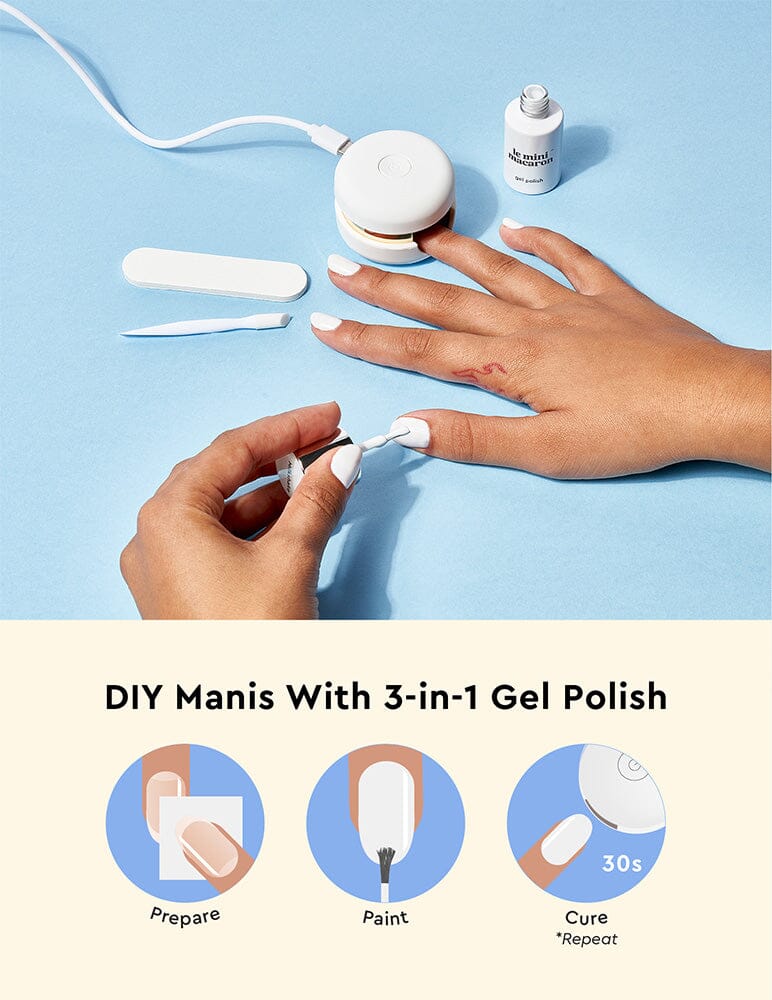 Step-by-step visual guide demonstrating how to apply Le Mini Macaron Milkshake 3-in-1 gel polish at home.